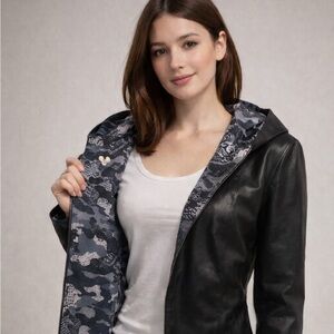 Soft genuine leather  double sided hooded Black  and printed fabric reversible